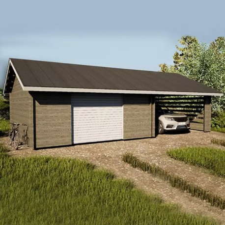 Autotalli AT30K Hirsitalli Nosto-Ovella + Katos, 30m² LP-GARDEN